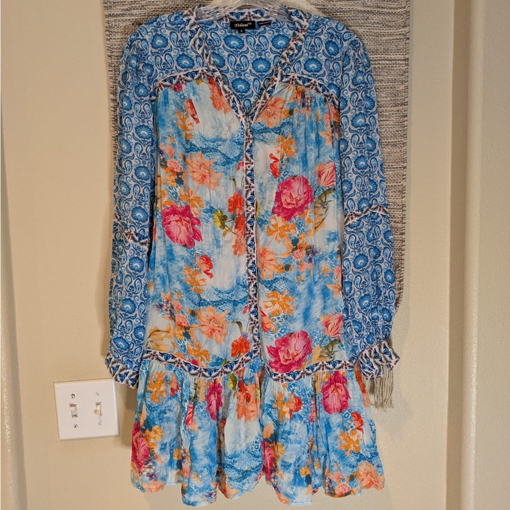 Tolani Blue Long Sleeve V-Neck Sundress
